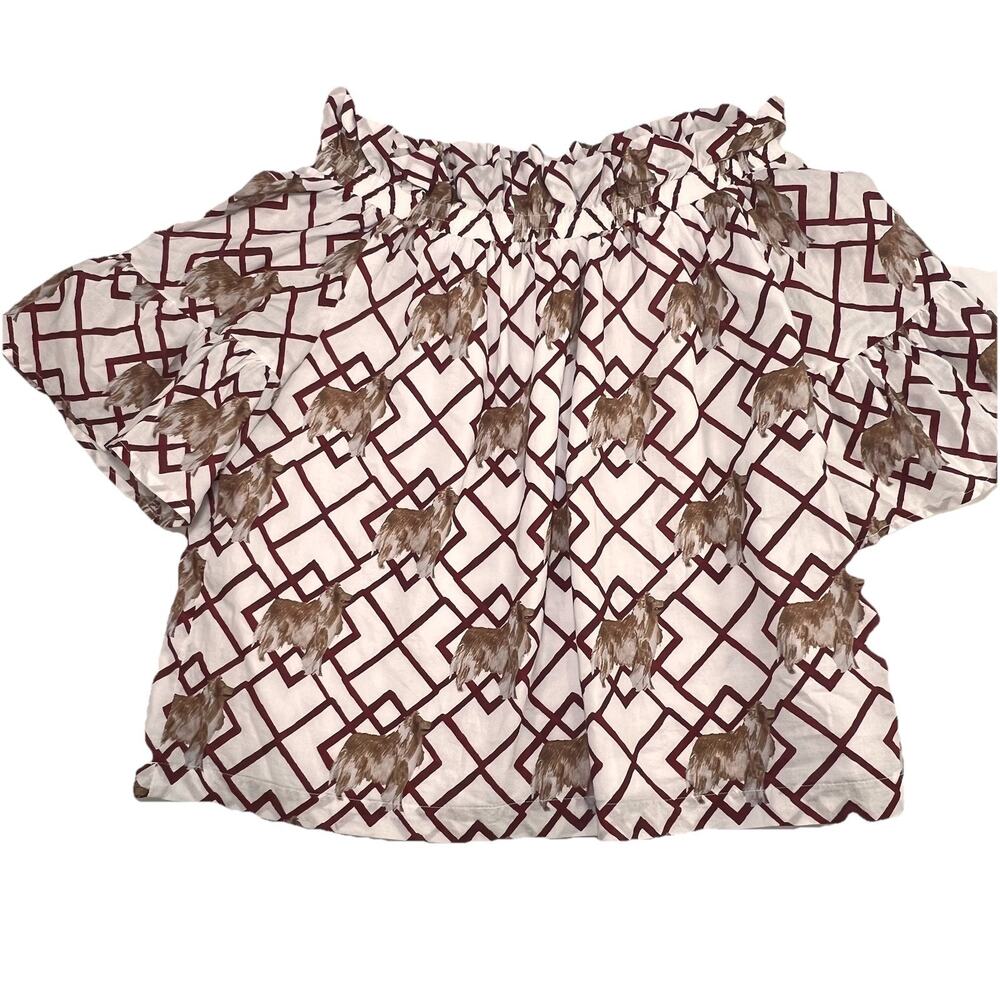 Brooke Wright Shirt Size XS/S White Maroon Dog Geometric Pattern Off Shoulder